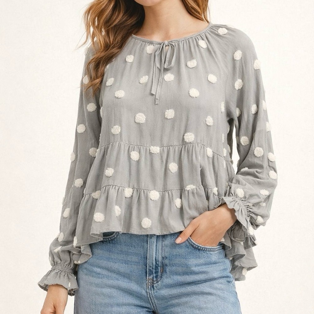 Blu Pepper Gray
Swiss Dot Babydoll Blouse Large Boho Tiered Peplum Long Sleeve
